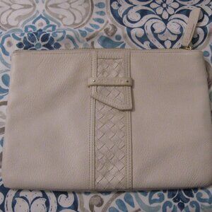 Cole Haan Neutral Beige Pebbled Leather Zippered Clutch Bag